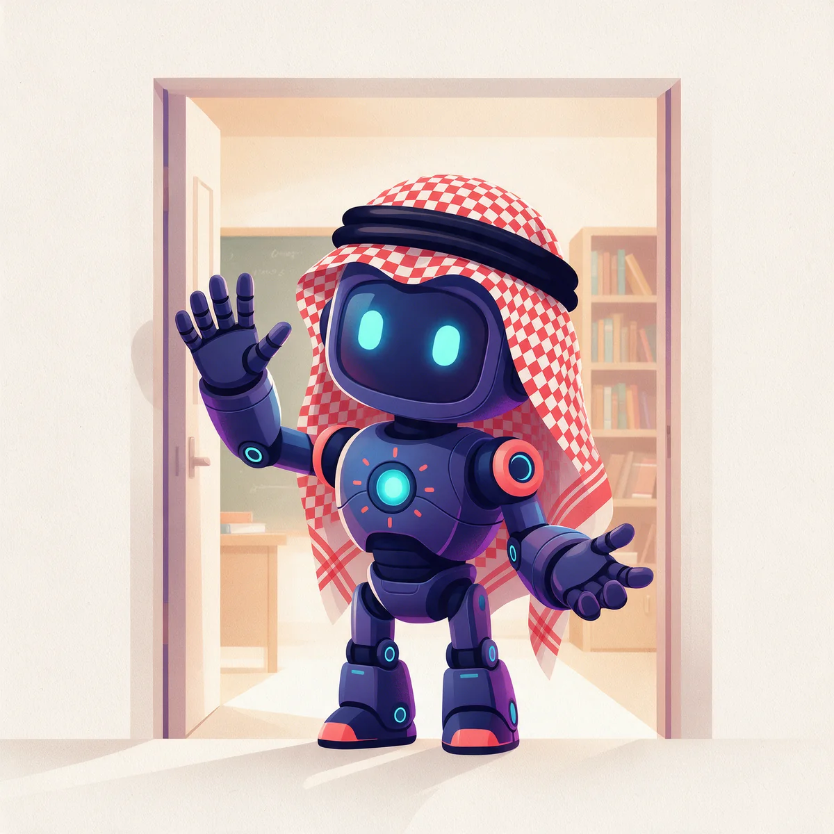 الروبوت بالشماغ يلوّح مرحّبًا عند باب الفصل